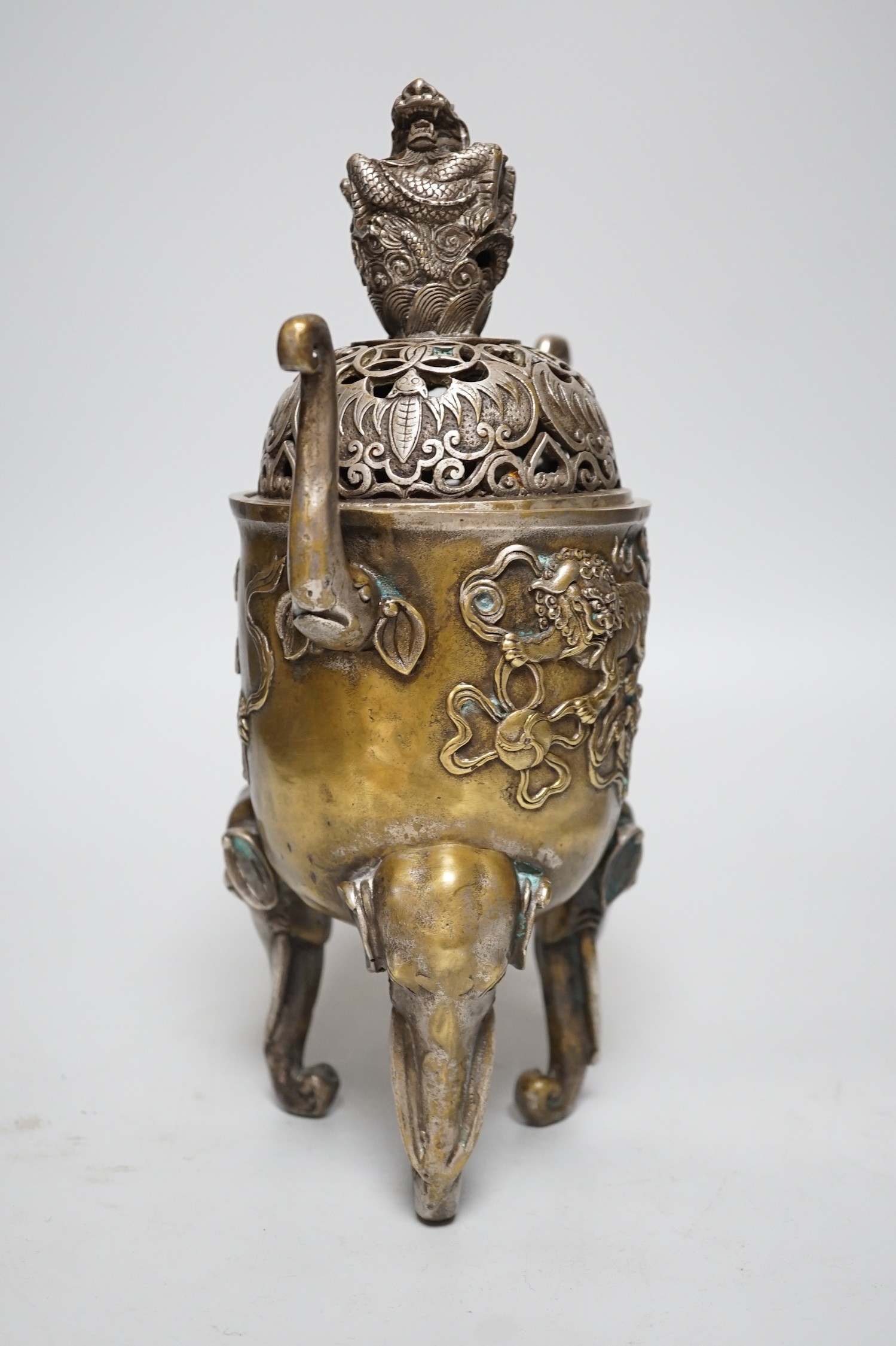 A Chinese silvered bronze censer and cover, 29cms high